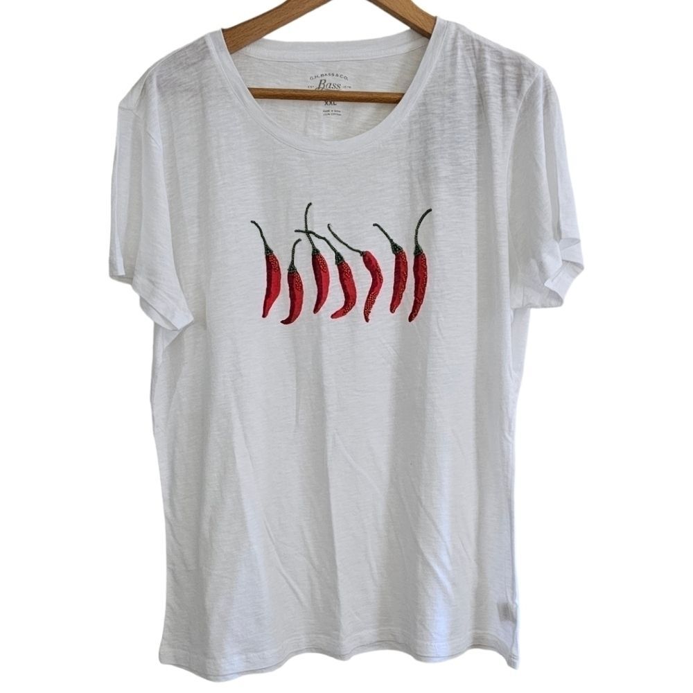 NWT GH Bass Chili Pepper Beaded Graphic Tee 2XL White Cotton Spicy Food Lover